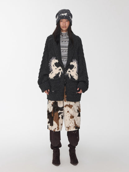 Pony Jacquard Horn-Button Chunky Cardigan