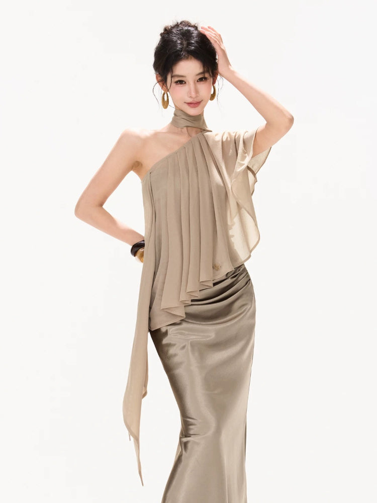 Asymmetrical Chiffon Halter Top