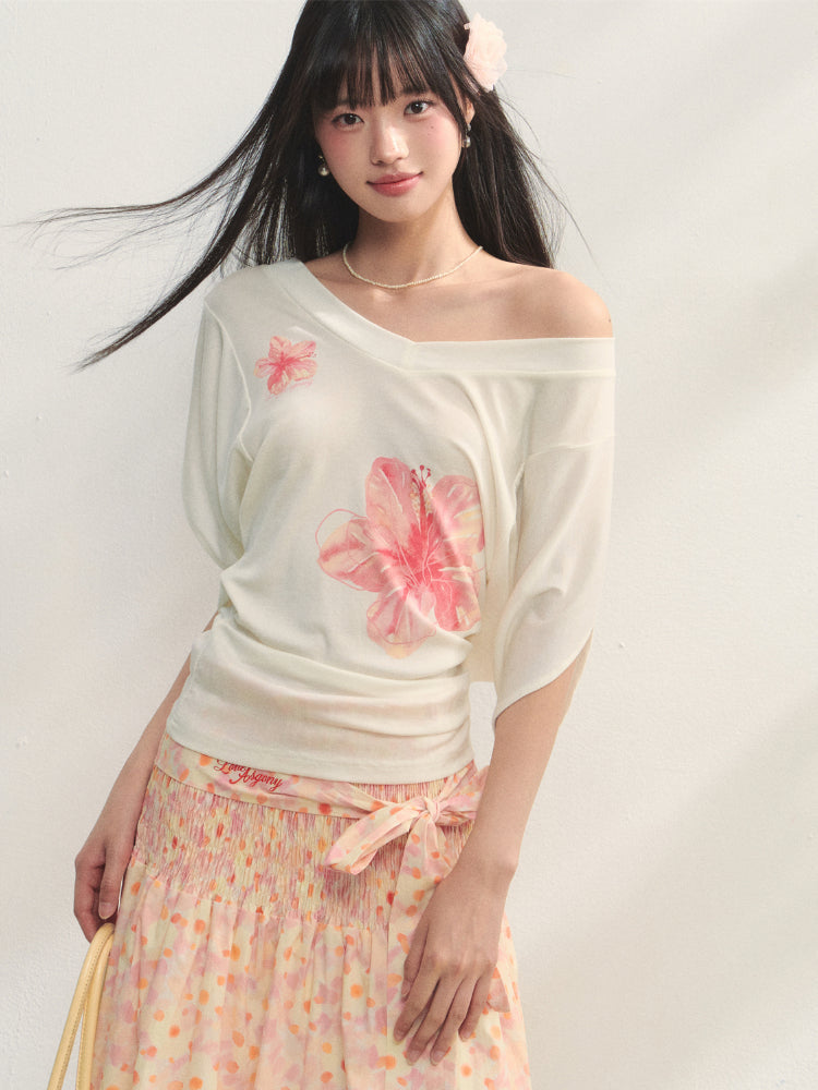 Floral V-Neck Bat-Sleeve T-Shirt