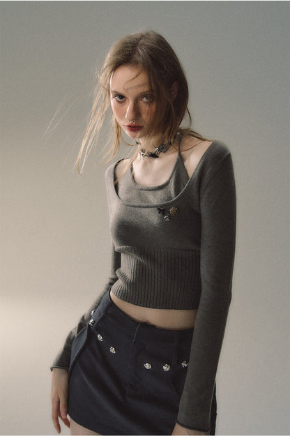 Green &amp; Apricot Halter 2-in-1 Knitted Short Sweater
