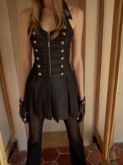 Open Back U-neck Pleated Dress