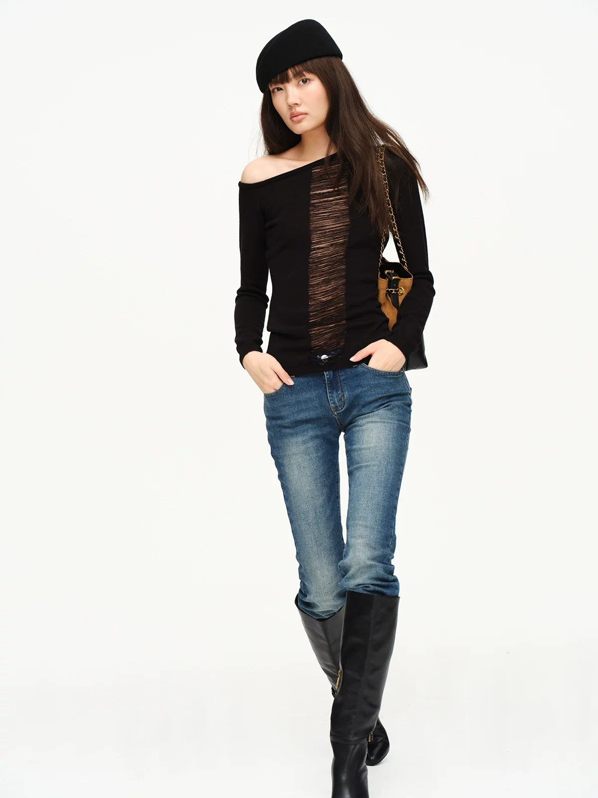 Two-Tone Openwork Merino Wool Sweater