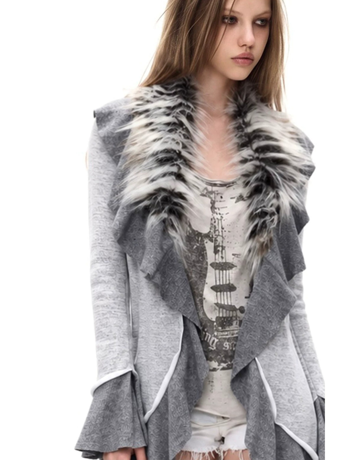 Grey Waisted Gradient‑Collar Cardigan