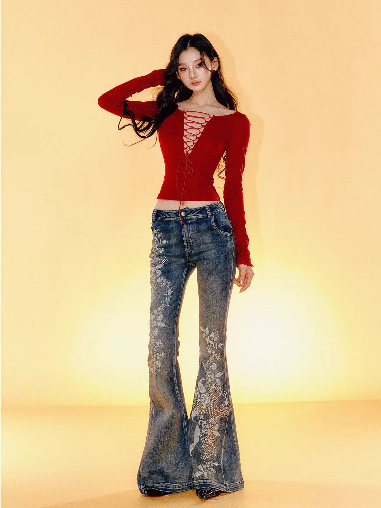 Printed Low-Waisted Denim Bell-Bottom Pants