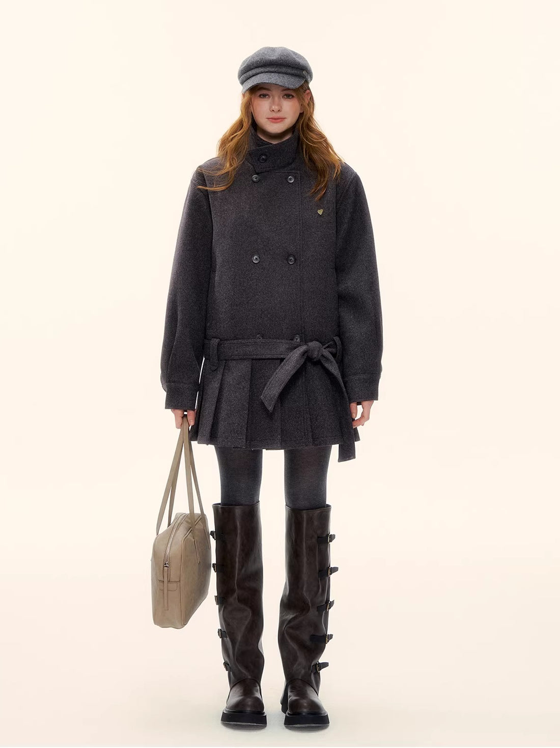 Double-Breasted Pleated Hem Wool Down Coat