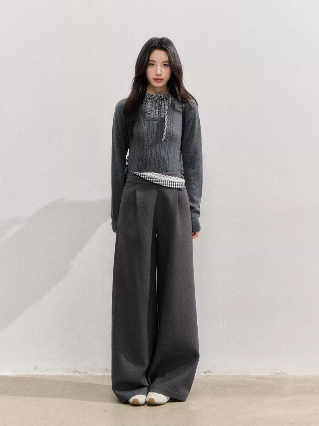 Deep Gray Plaid Waist Straight Pants