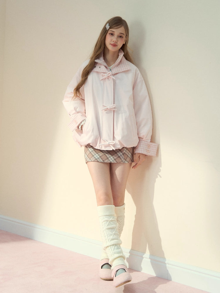 Pink Bow Plaid Down Puffer Jacket