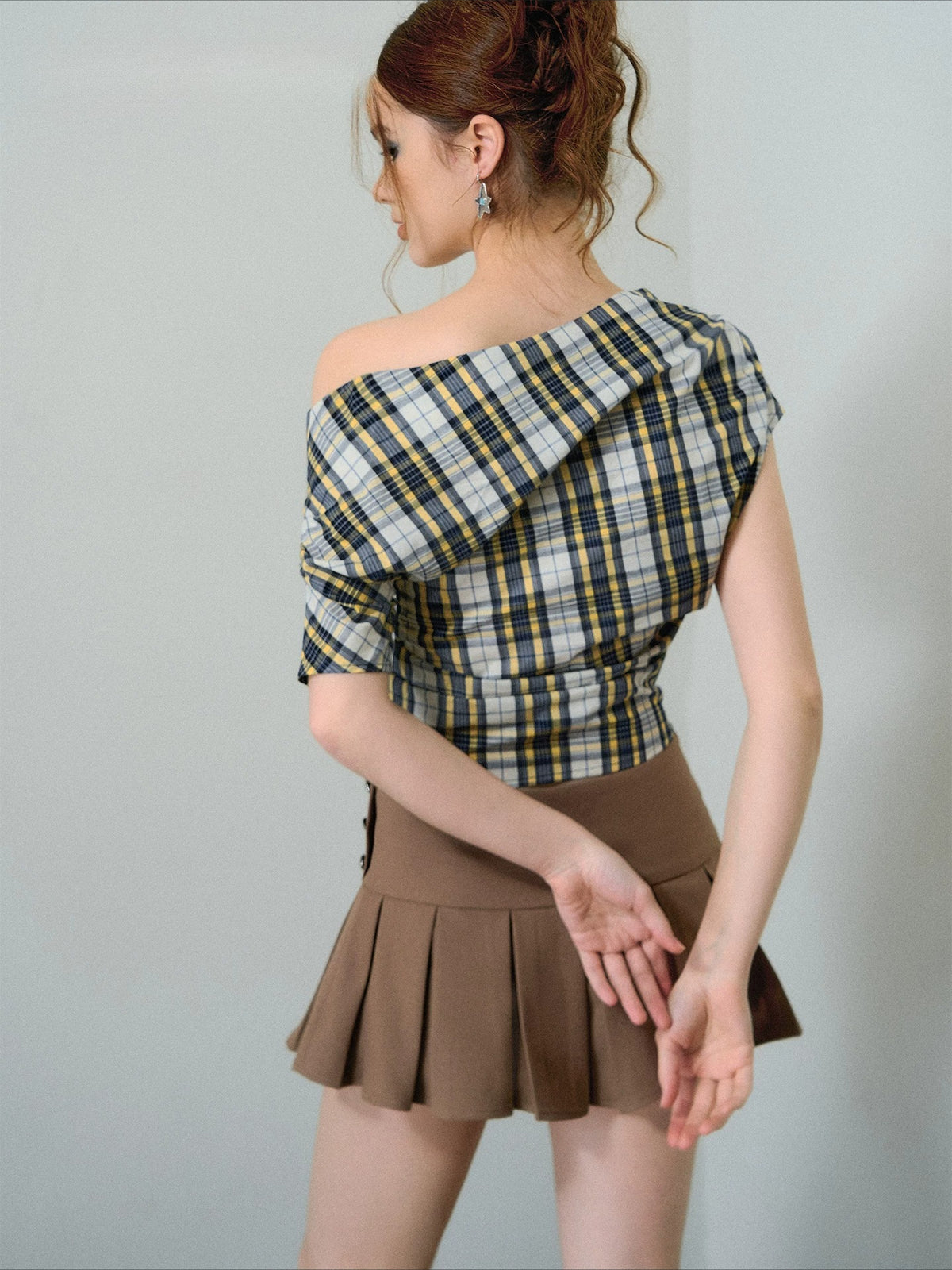Asymmetric Plaid Draped Top