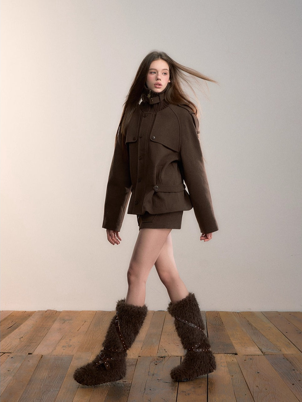 Knit-Panel High-Neck Padded Jacket