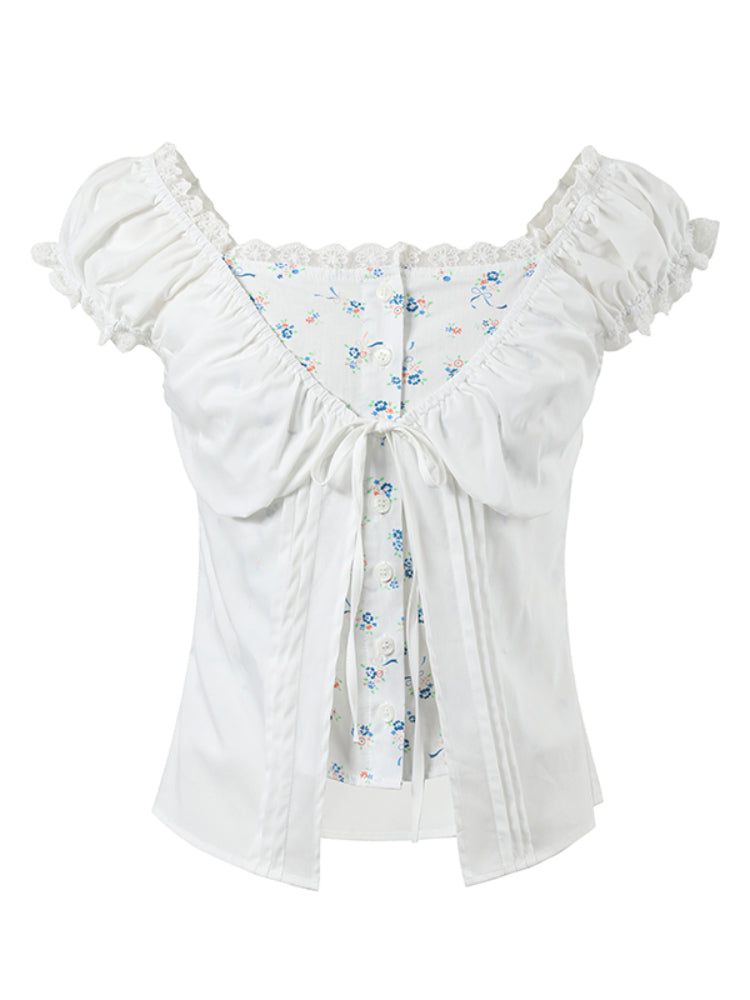 Fake Two-Piece Floral Lace Shirt Top