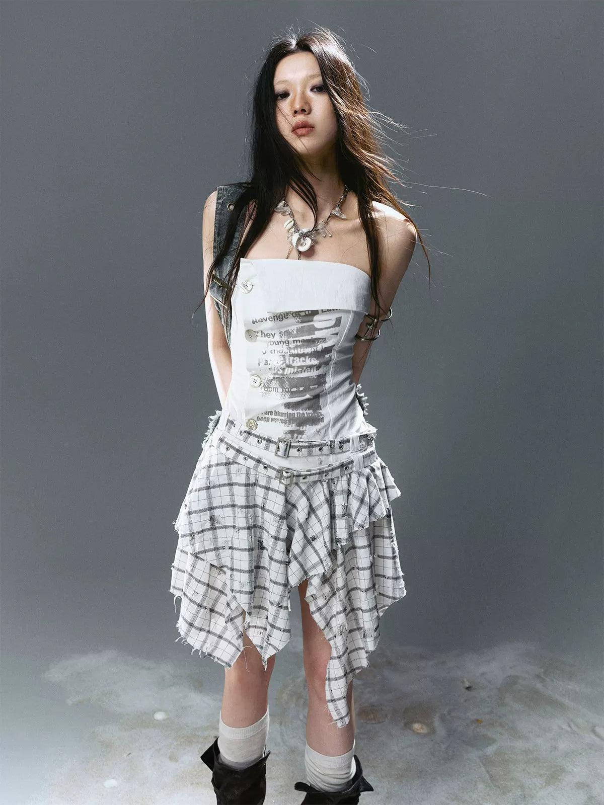 Graffiti Ruched Plaid Bustier Dress