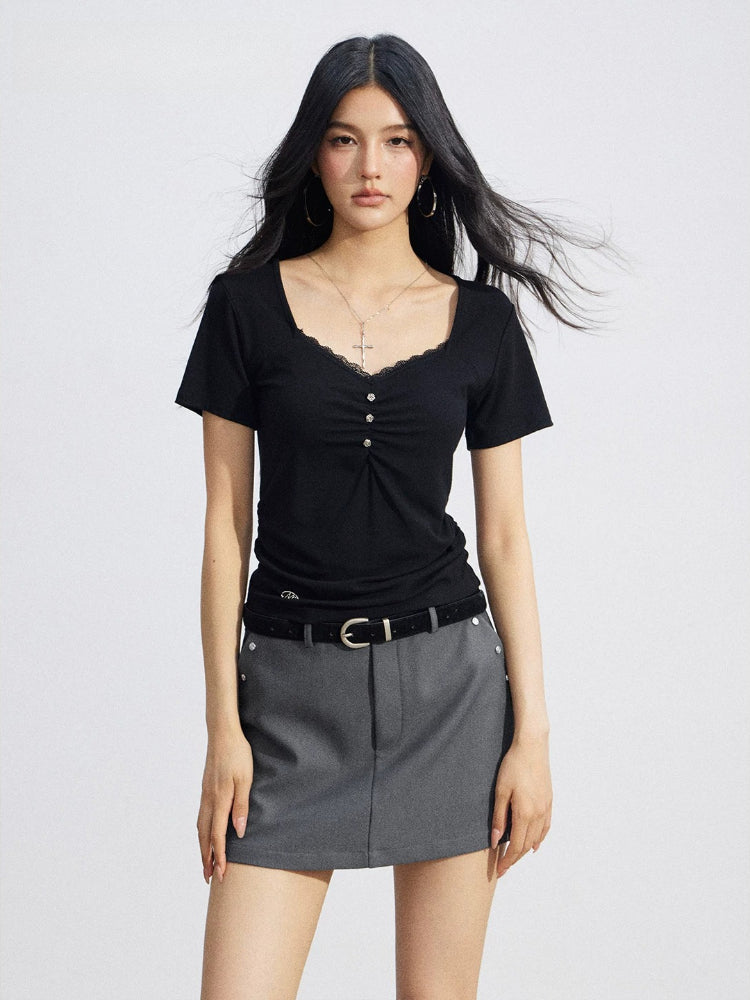 Lace Ruched Slim Tee