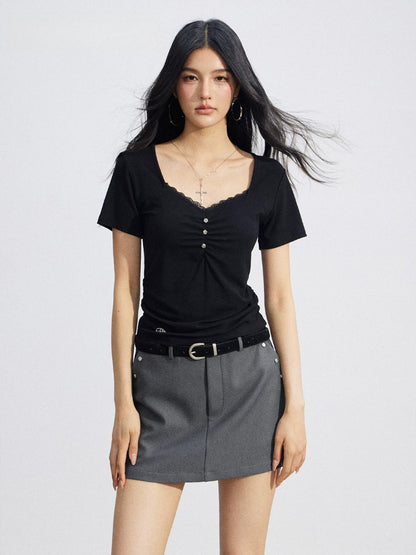Lace Ruched Slim Tee