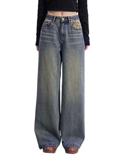 Leopard Patchwork Wide-Leg Jeans