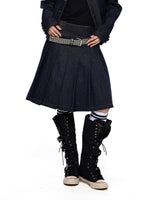 Vintage Denim Collar Pleated Skirt Set