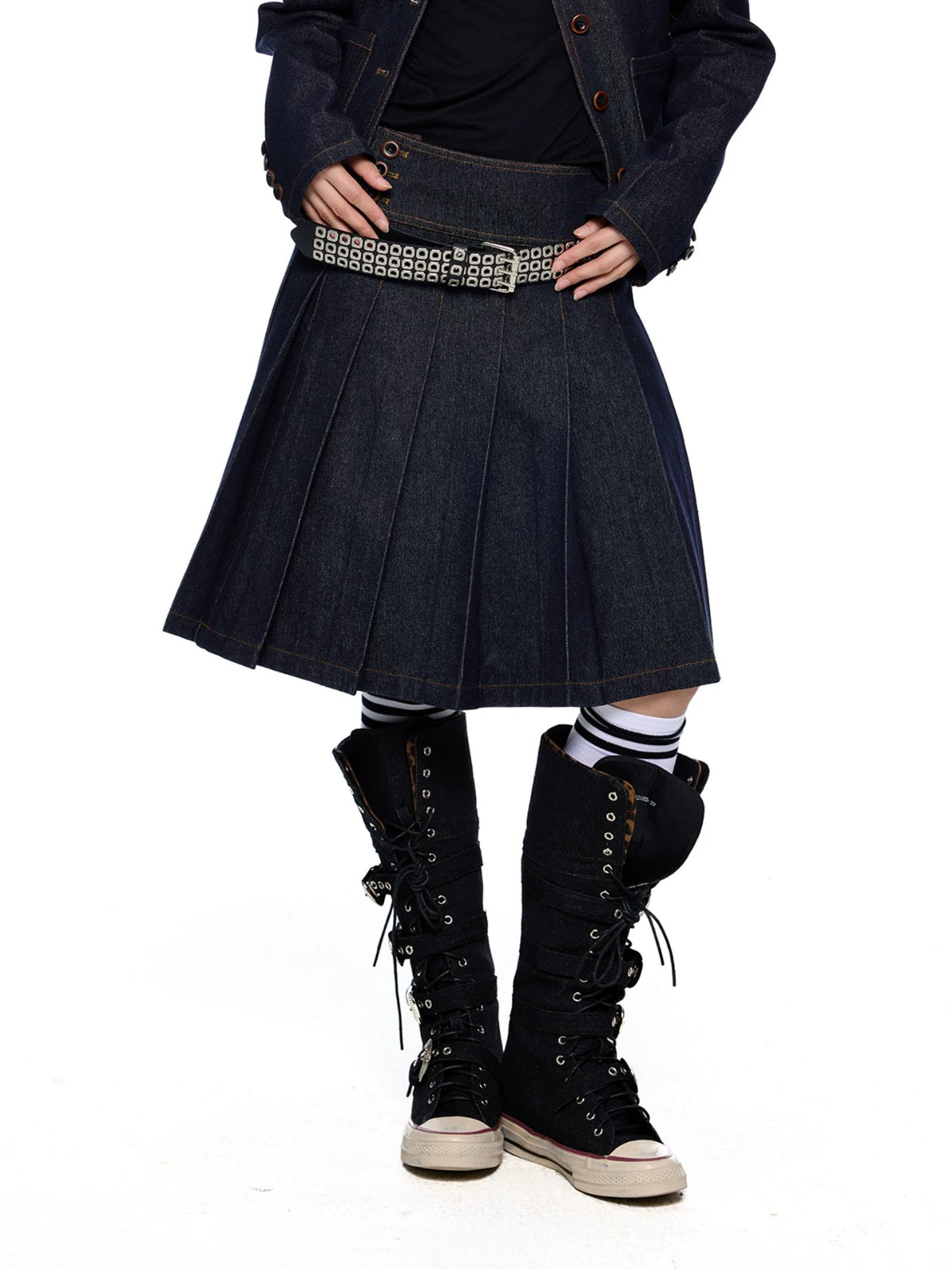 Vintage Denim Collar Pleated Skirt Set