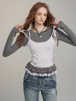 Fake Two-Piece Lace Trimmed Blouse