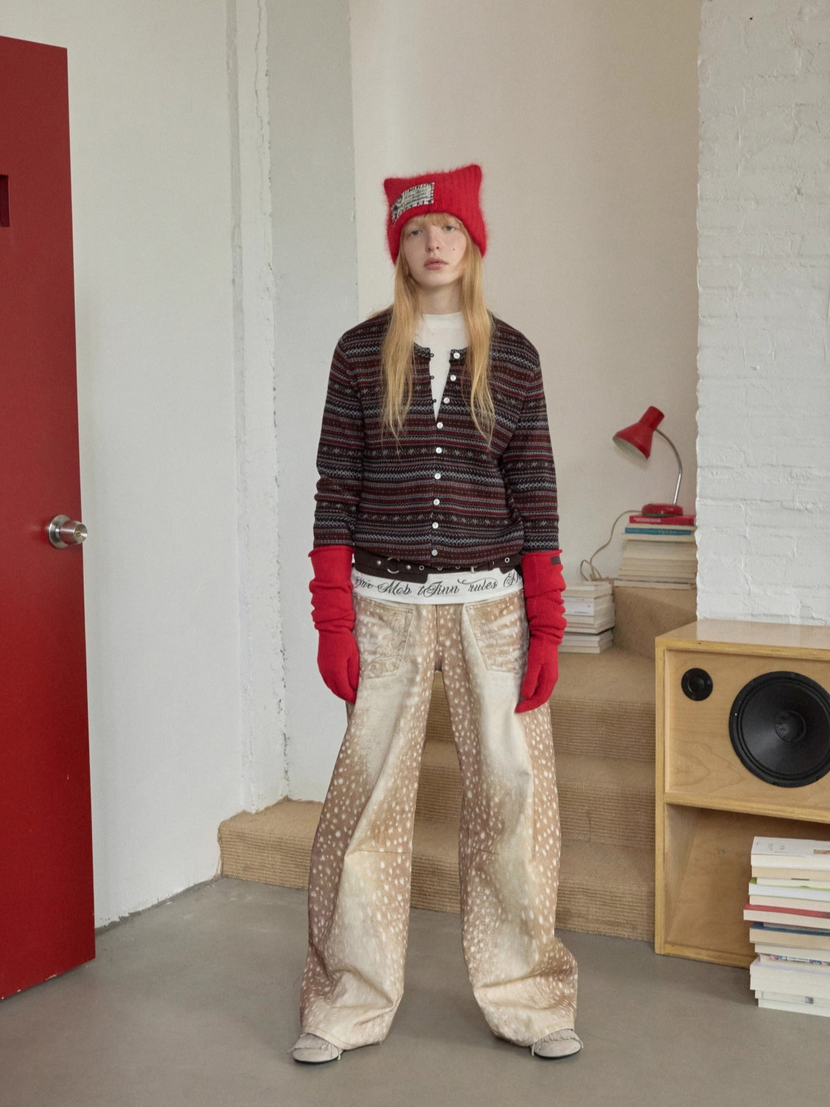 Vintage Deer Print Curved-Leg Canvas Pants