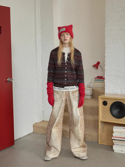 Vintage Deer Print Curved-Leg Canvas Pants