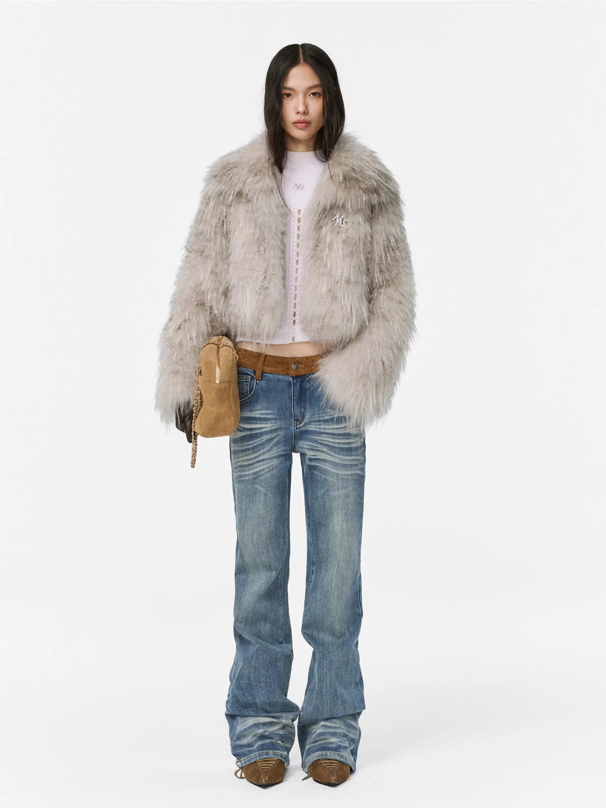 Suede Waistband Washed Bootcut Jeans