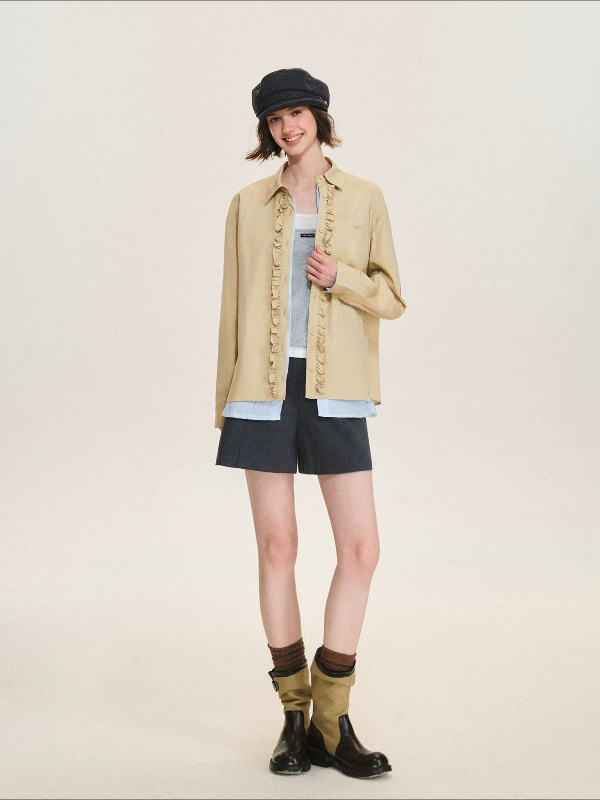 Contrast Layered Ruffle Cotton Shirt