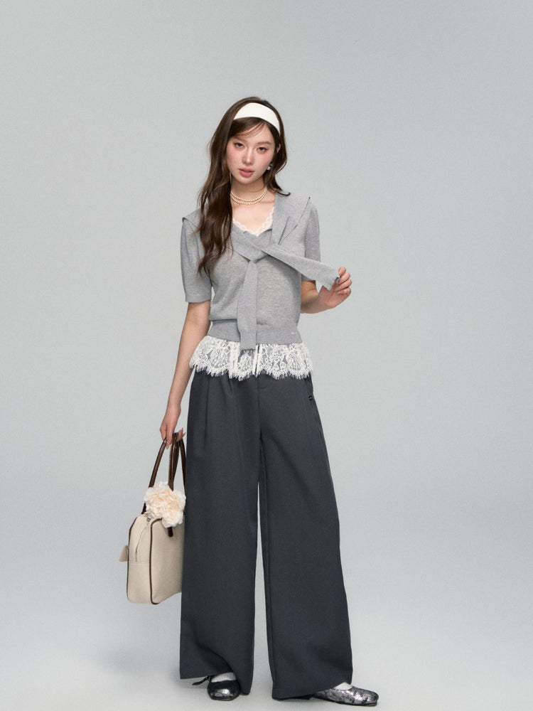 Lace Spliced V-Neck Knitted T-Shirt