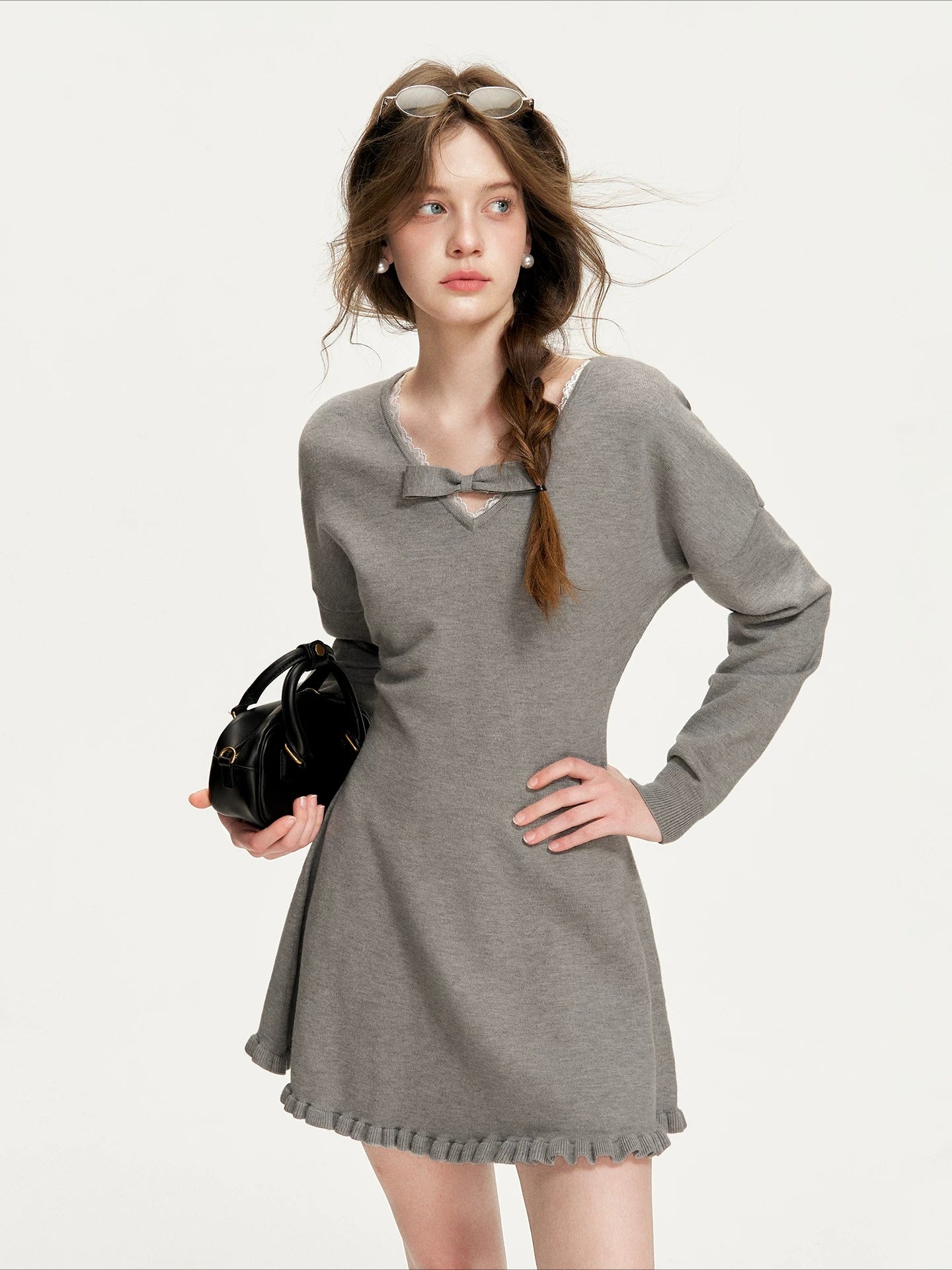 Gray Bowknot Knit Mini Dress
