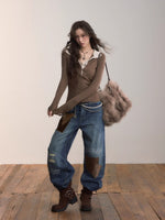 Contrast Collar Lace-Trim Long Sleeve T-shirt