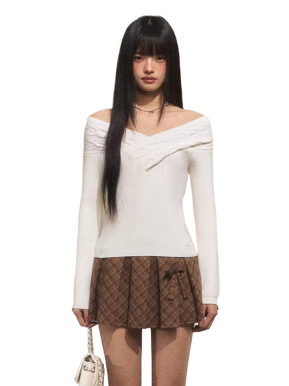 Off-Shoulder V-Neck Knit Top