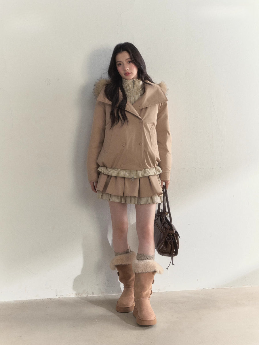 Double-Breasted Plaid Faux-Layered Paperbag Down Parka