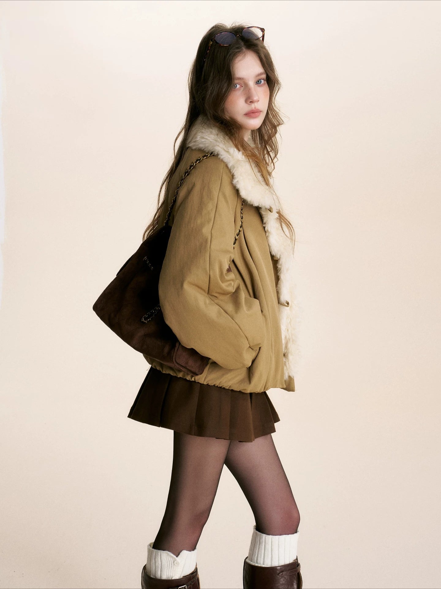 Khaki Shearling Collar Parka Jacket