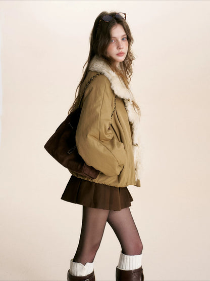 Khaki Shearling Collar Parka Jacket