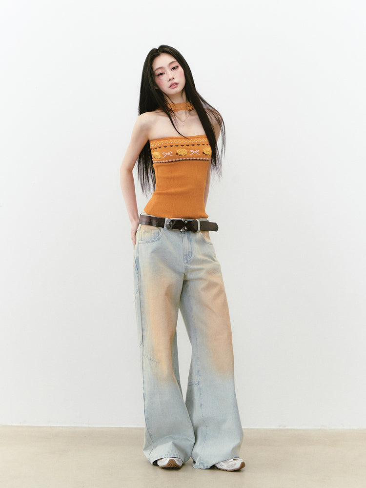 Washed and Distressed Color Block Denim Pants