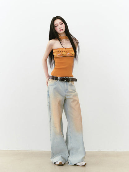 Washed and Distressed Color Block Denim Pants