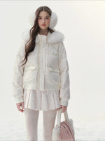 Plaid Floral Faux-Fur Down Jacket