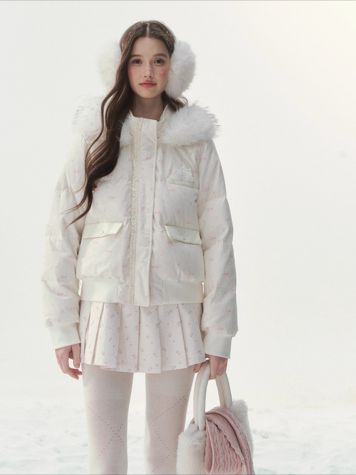 Plaid Floral Faux-Fur Down Jacket
