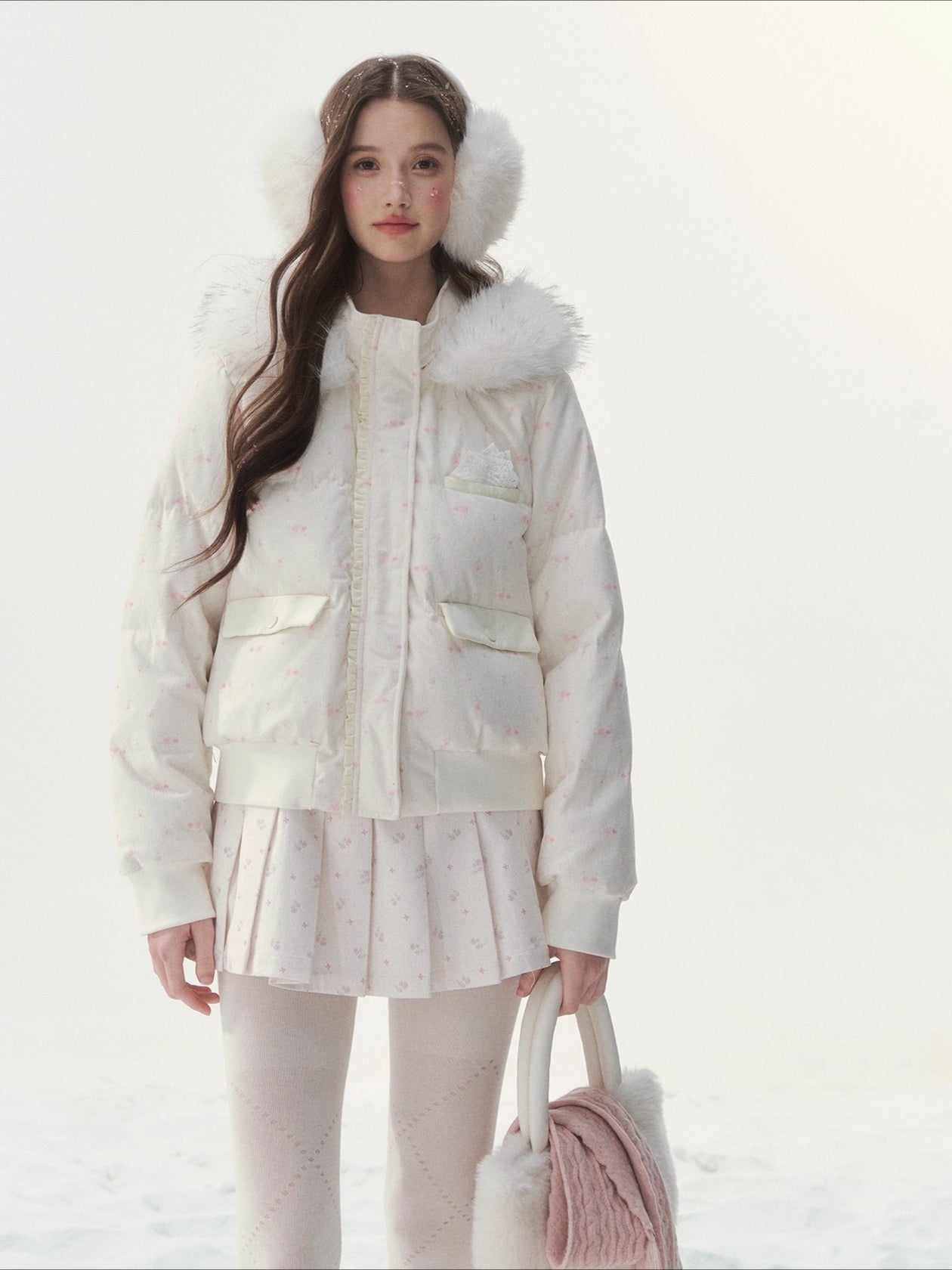 Plaid Floral Faux-Fur Down Jacket