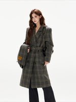 Gray Plaid Detachable Scarf Wool Coat