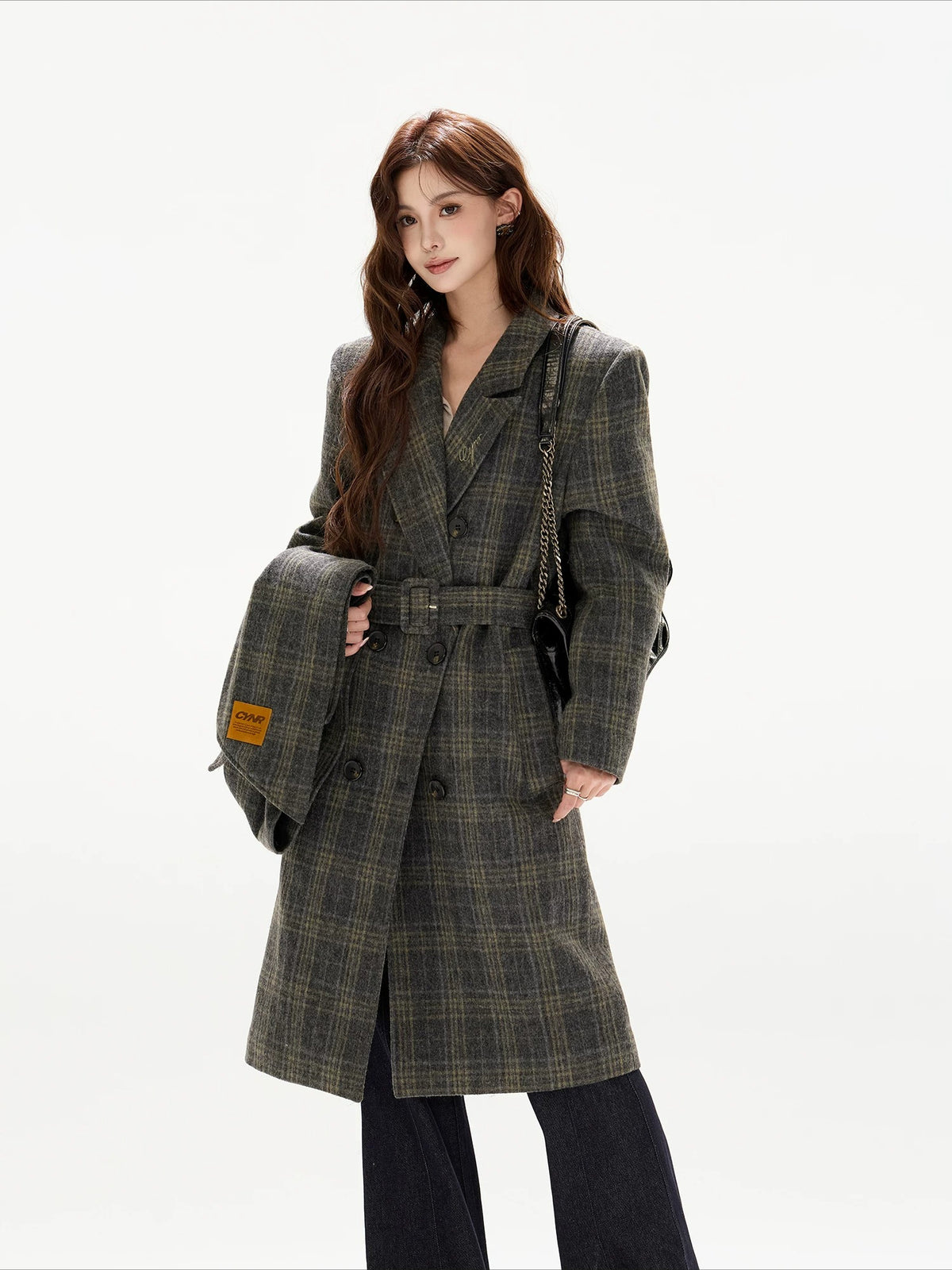 Gray Plaid Detachable Scarf Wool Coat