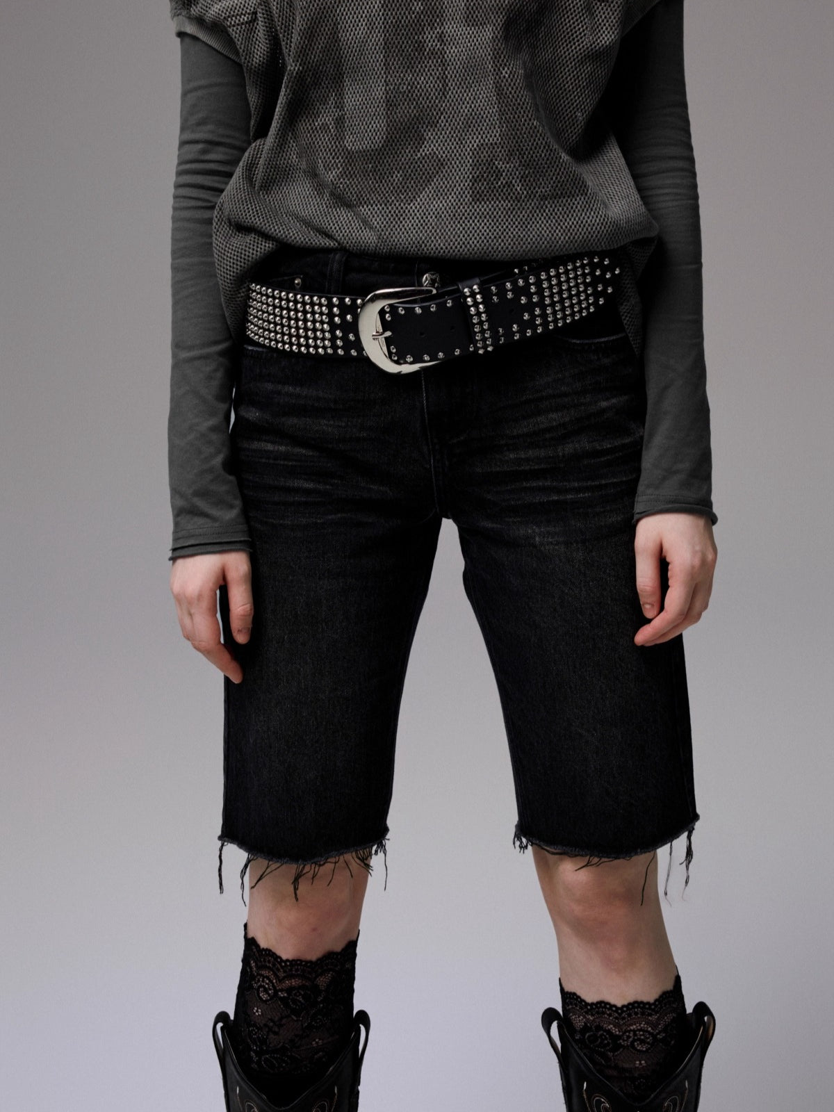 Washed Denim Biker Shorts