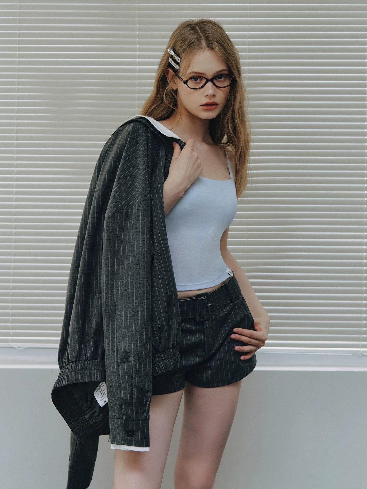 Spliced Jacket &amp; Striped Suit Shorts Set