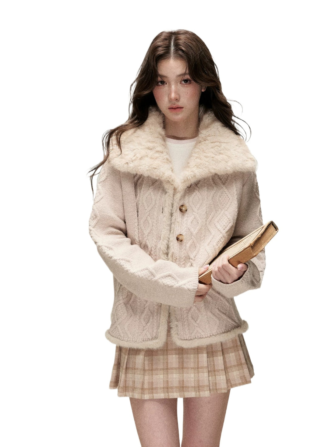 Faux Fur Collar Cable Knit Cardigan