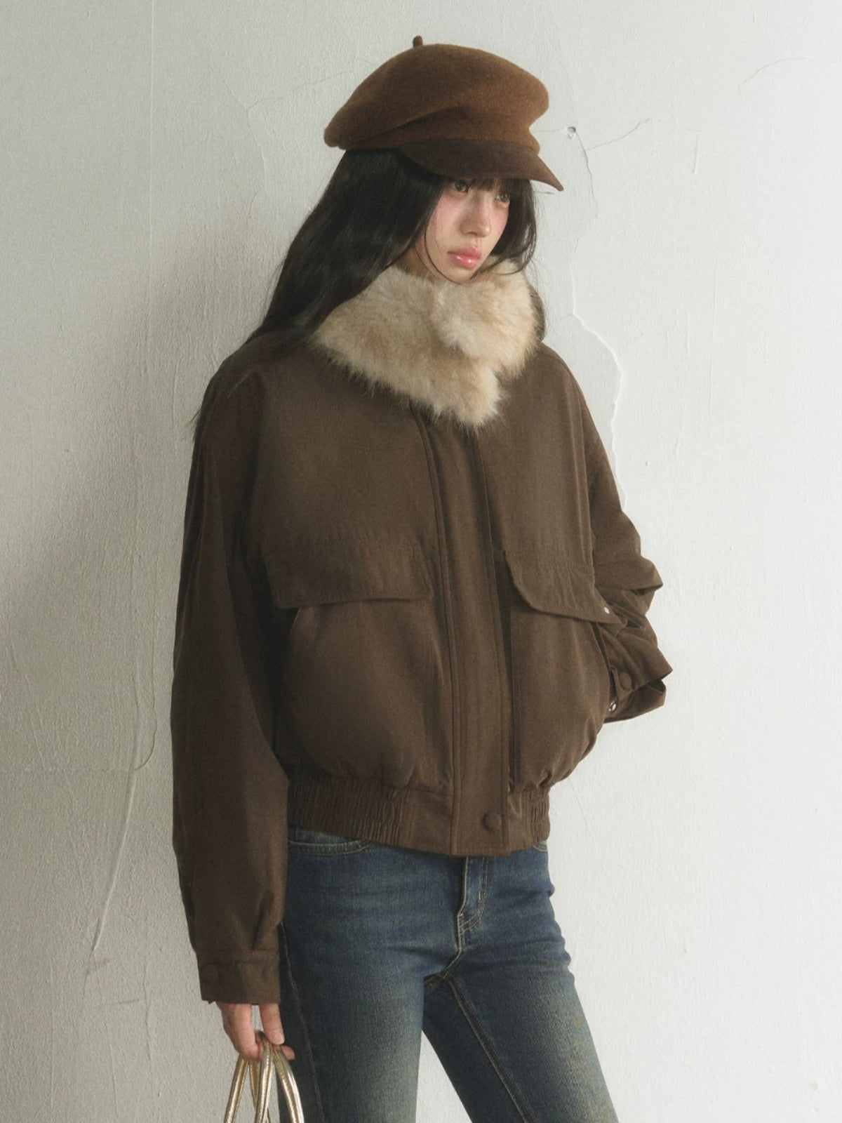 Vintage Detachable Fur-Collar Utility Jacket