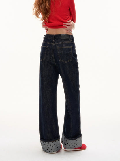 Contrast Cuff Polka Dot Denim Pants