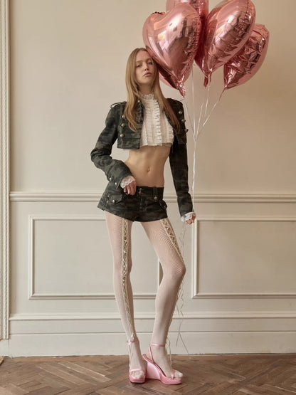 Camo Double Button Short Jacket &amp; Shorts Set