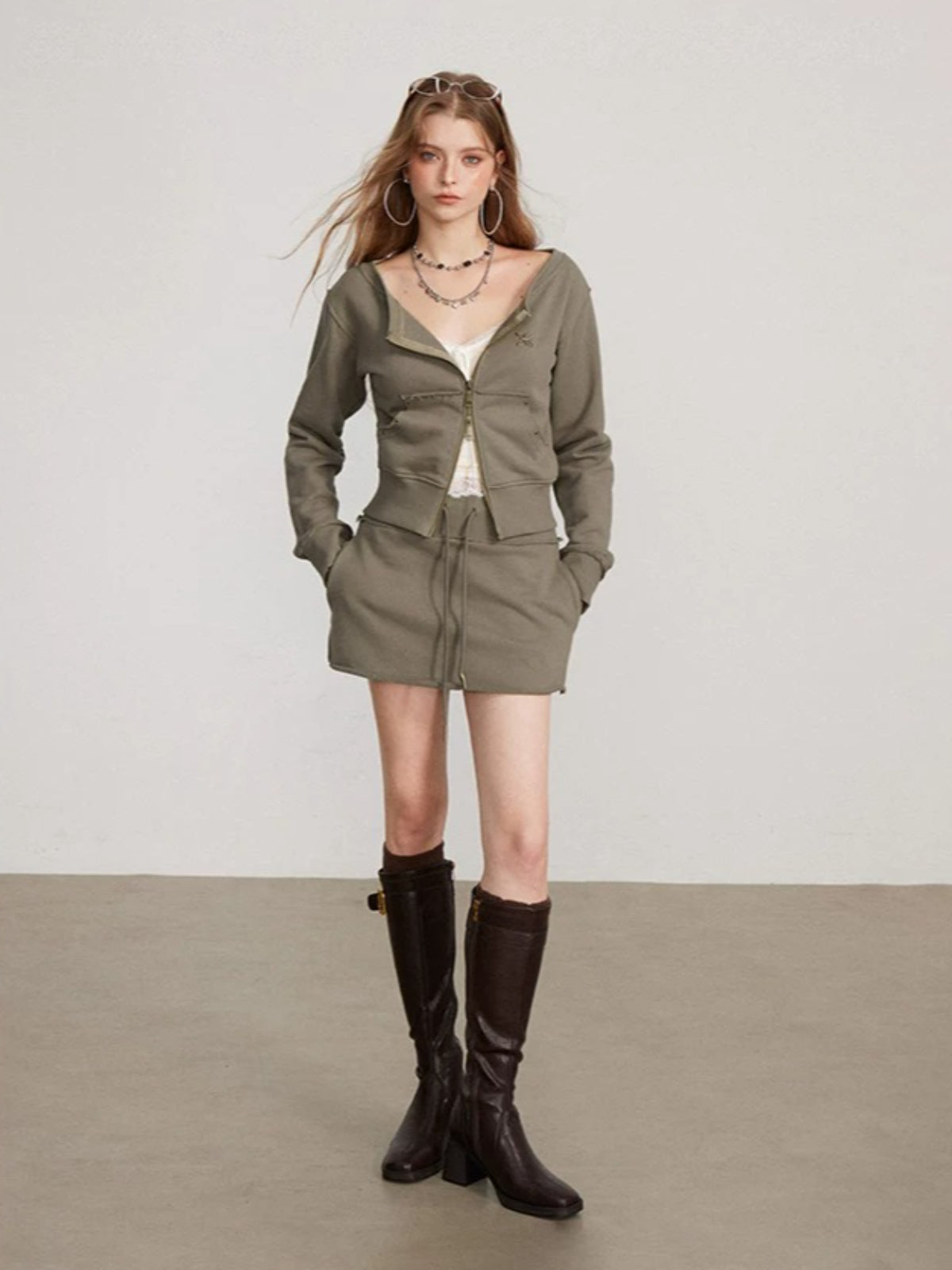 Zip Sweatshirt Skirt Two Piece Set