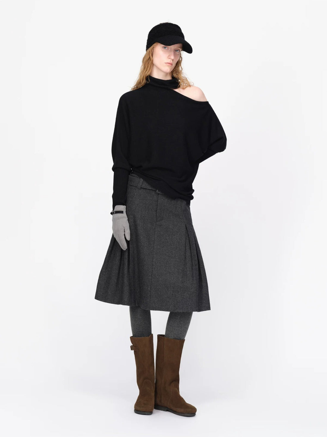 Wool Belted A Line Pleated Skirt