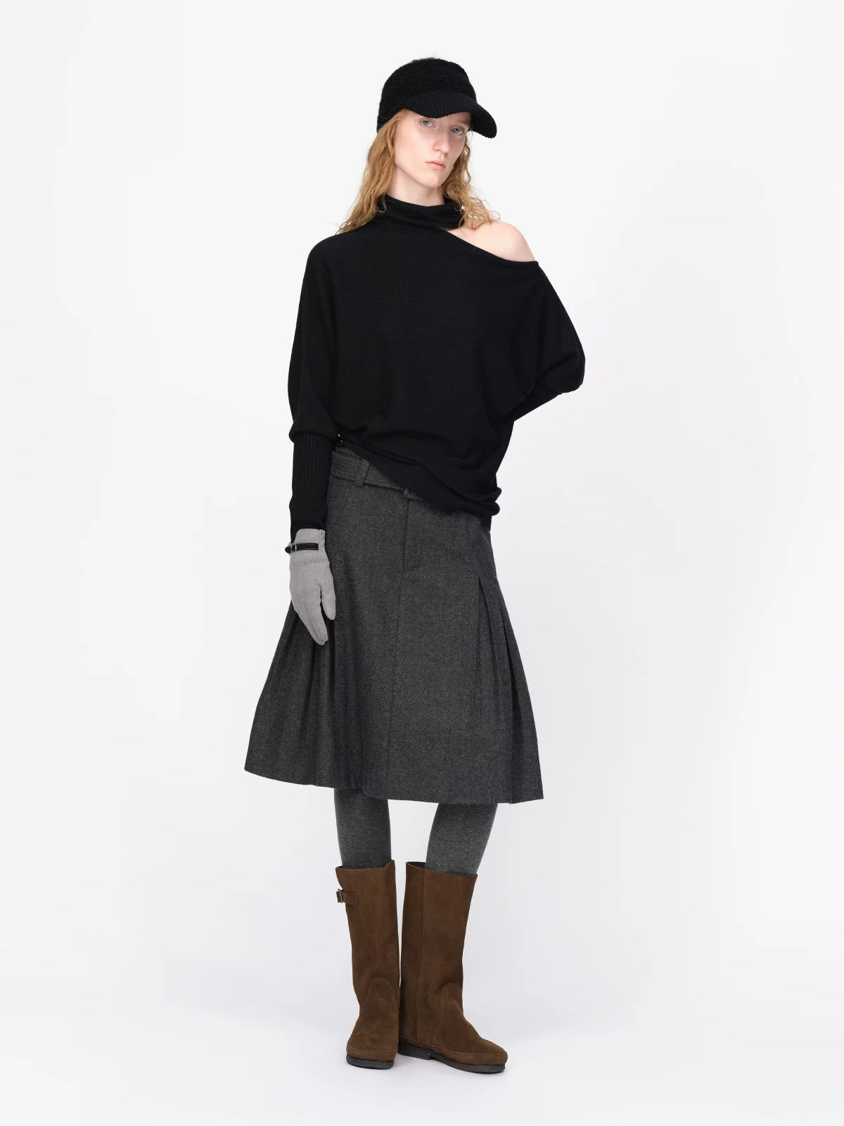 Wool Belted A Line Pleated Skirt