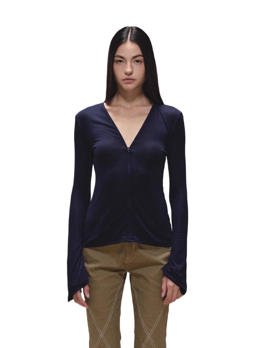 Lyocell Adjustable-Zip Flared-Sleeve Top