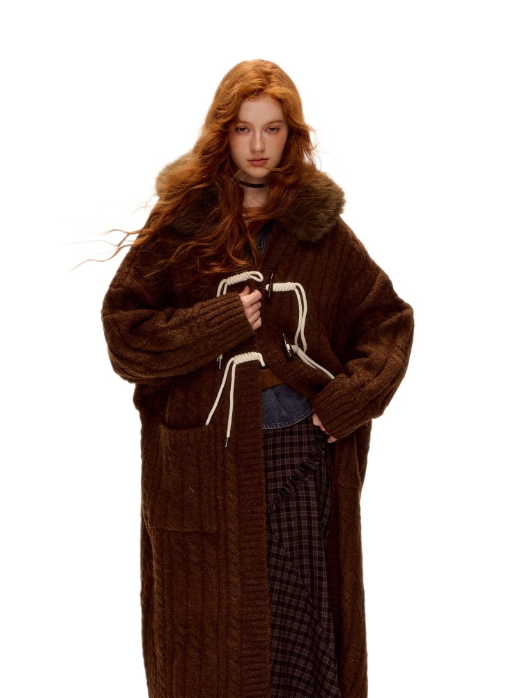 Detachable Fur Collar Cable-Knit Long Cardigan